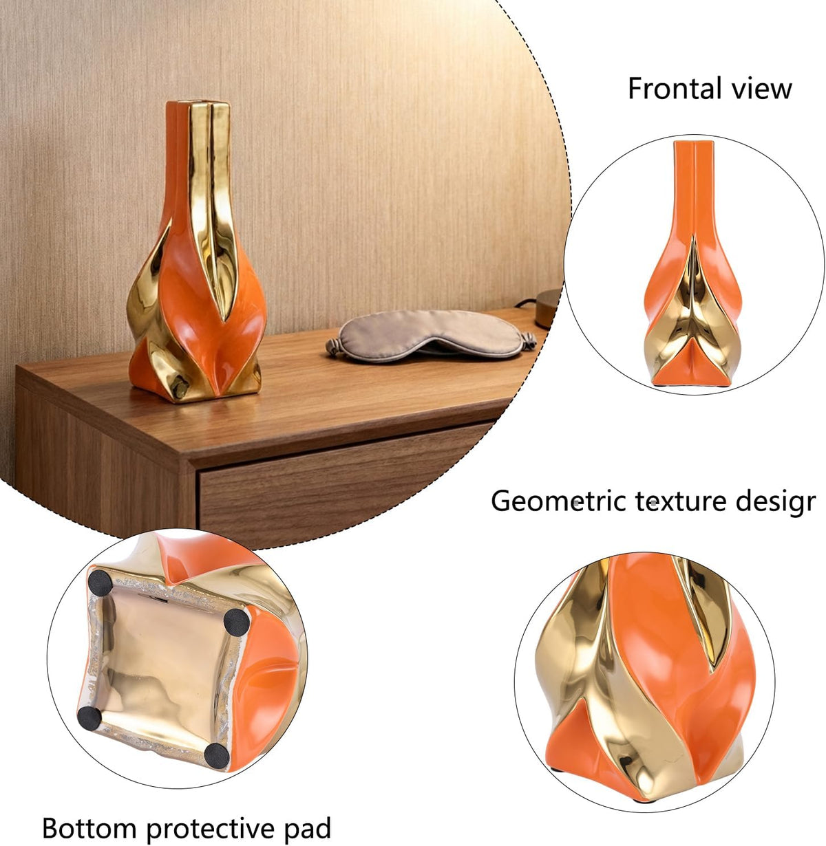 10.6" Orange and Gold Ceramic Vase, Modern Geometric Flower Vase for Dining Table Centerpiece, Elegant Decorative Vase for Pampas Grass, Living Room, Bedroom, Office, Tabletop Decoration