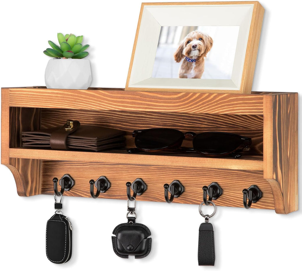 Nekon Key Holder Wall Mount, Pine Wooden Mail Organizer, Light Brown