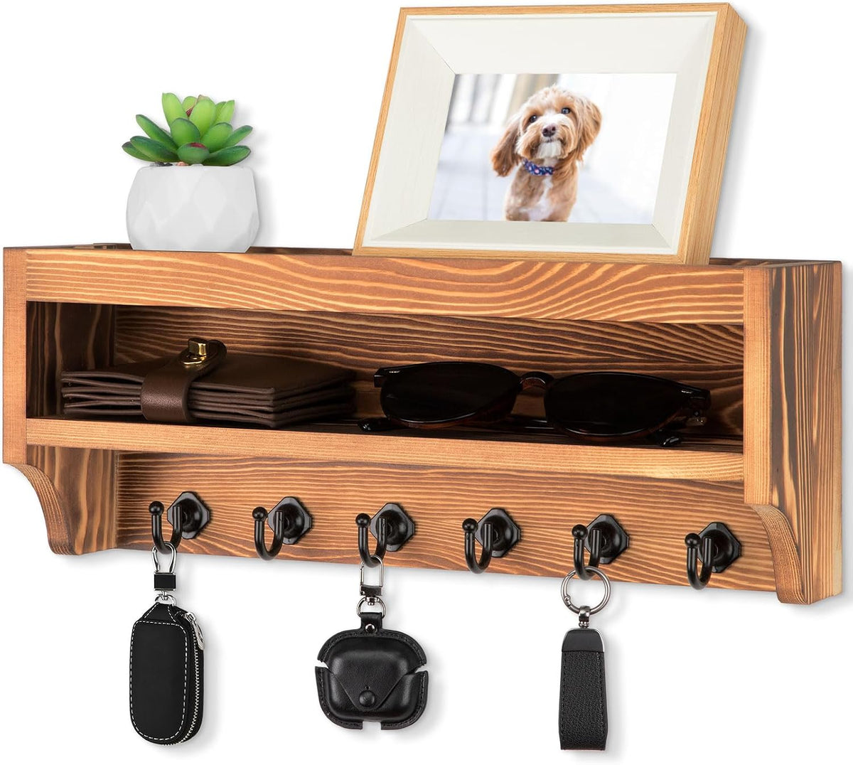 Nekon Key Holder Wall Mount, Pine Wooden Mail Organizer, Light Brown