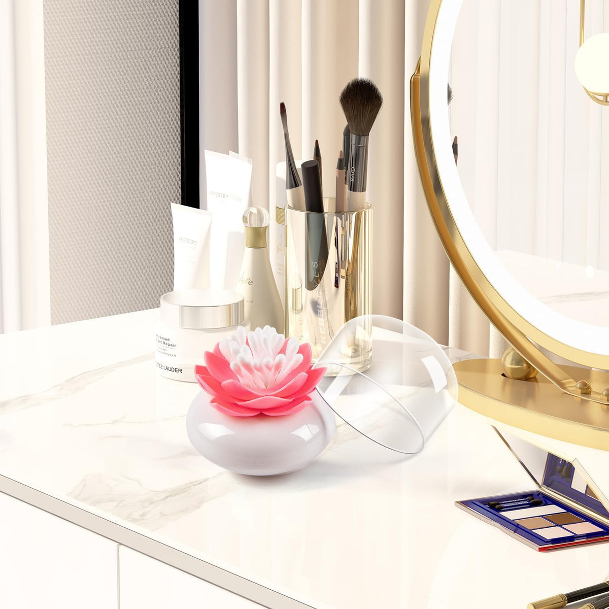 Bloss Lotus Cotton Swab Holder, Qtip Dispenser, Toothpicks Organizer-Pink