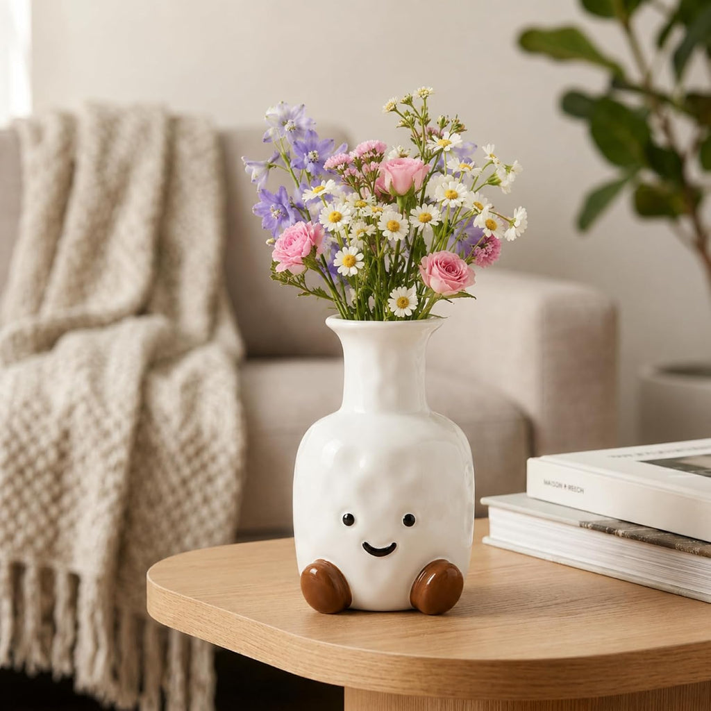 Cute Flower Vase, White Ceramic Smiley Face Vase for Home Decor & Gifts