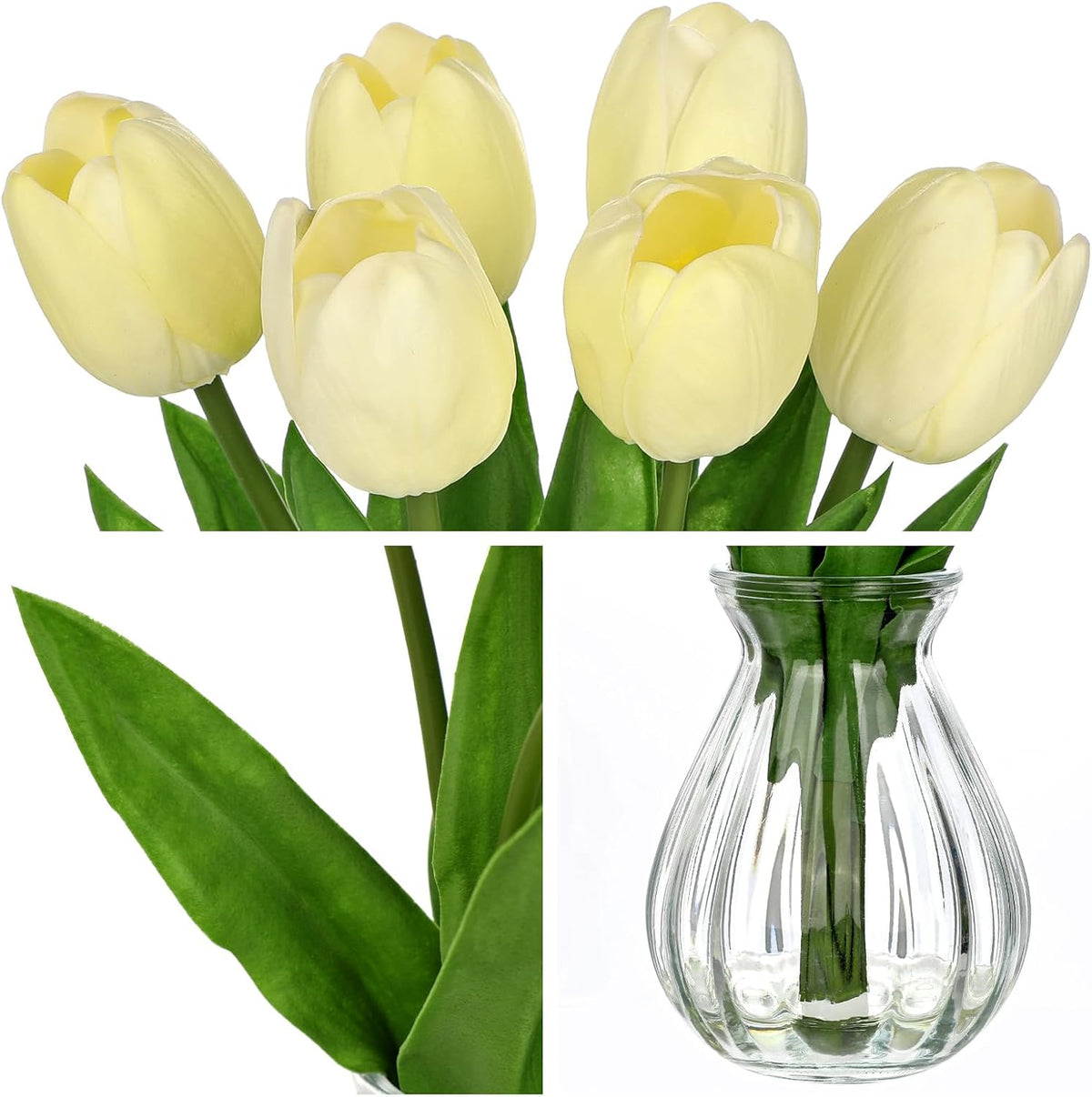 Oairse Fake Tulip Flowers Artificial in Glass Vase with Faux Water Real Touch Foam Tulip Arrangement Suitable for Dining Table Centerpiece Wedding Home Office Decoration (Cream Yellow)