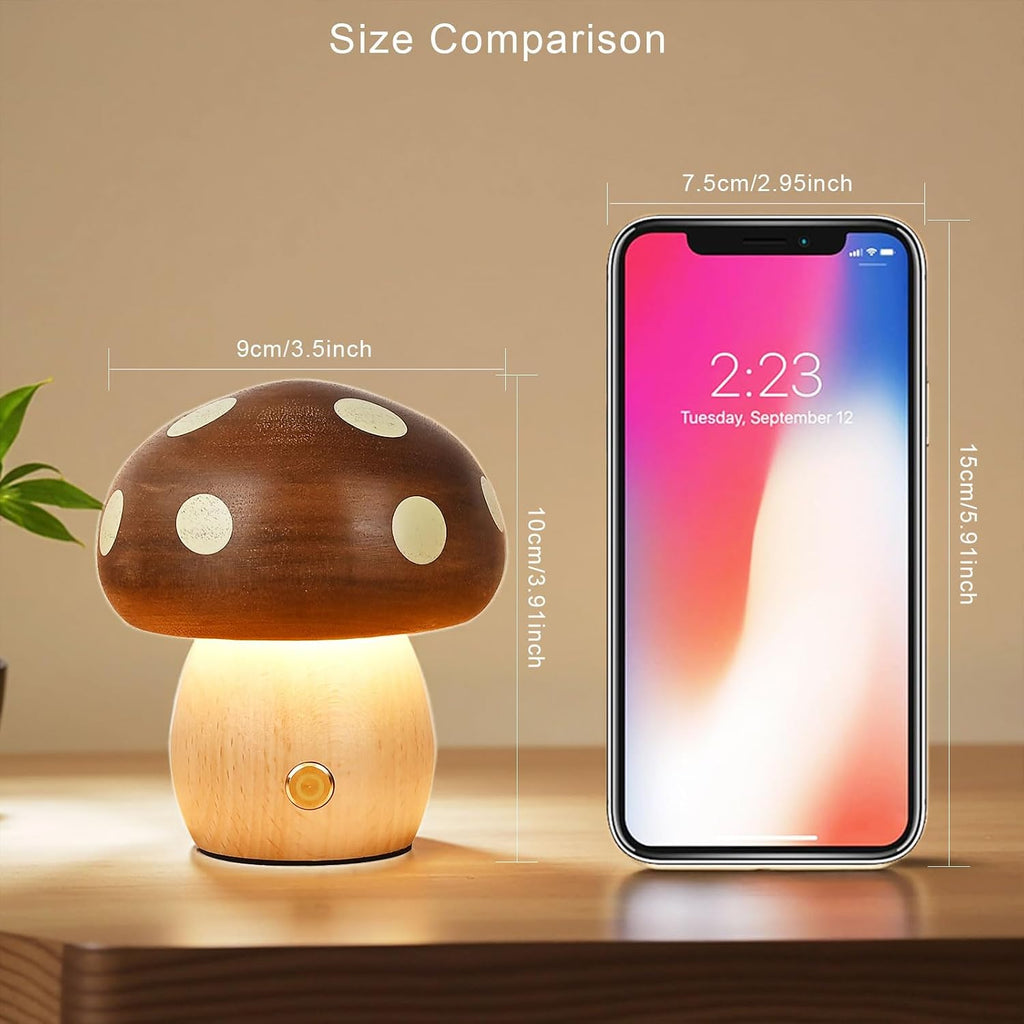 Wood Mushroom Lamp, Rechargeable Small Bedside Lamp for Nursery Bedroom