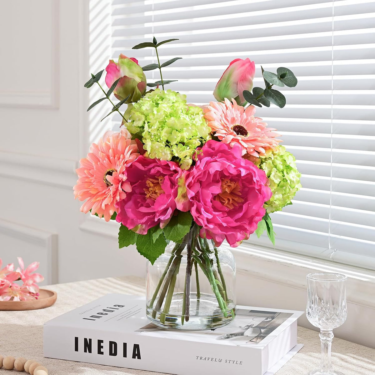 Livole Artificial Faux Flowers with Vase & Water Silk Fake Flowers, Fuchsia