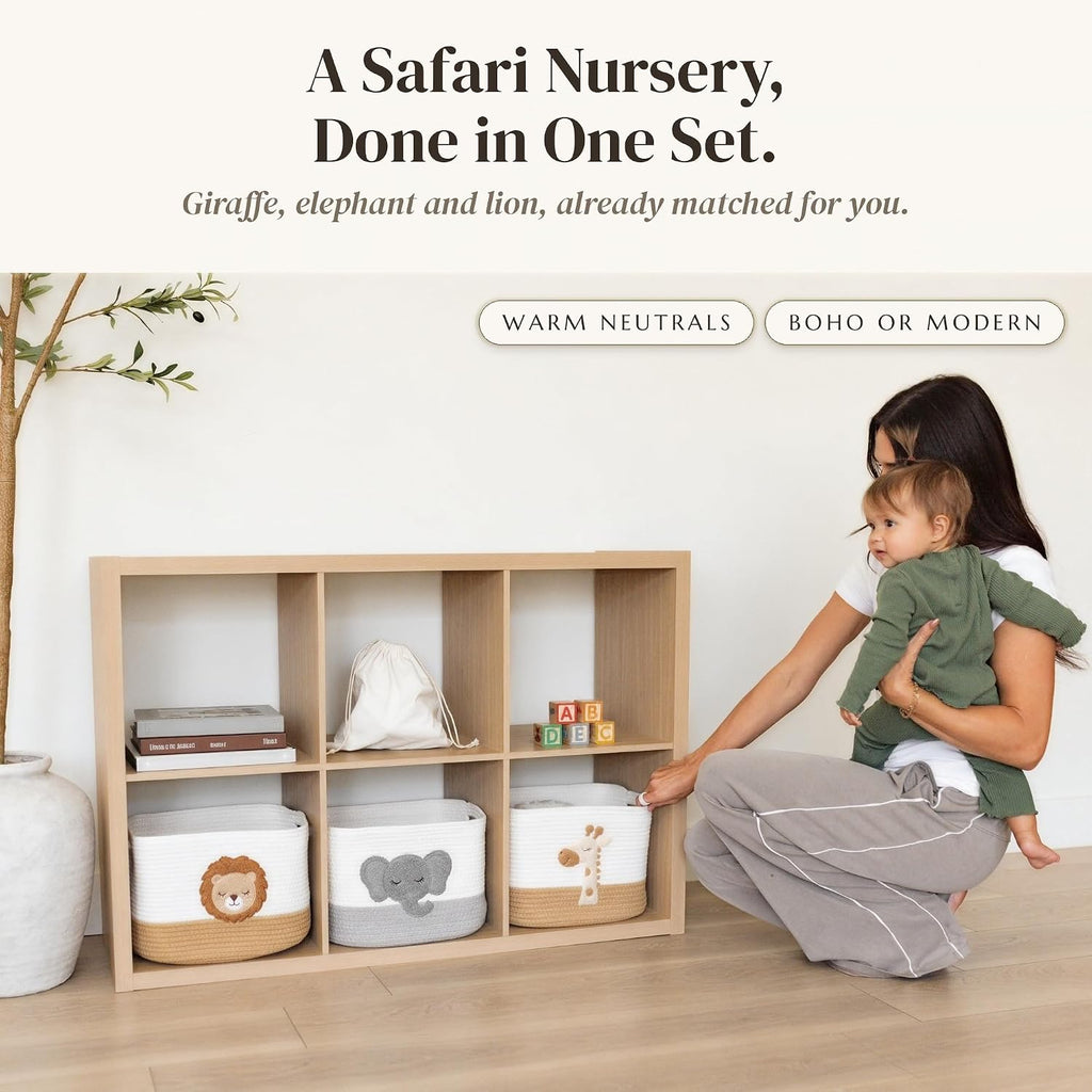 Safari Nursery Storage Baskets Set of 3, Cotton Rope Shelf Bins, 13x10x9 in