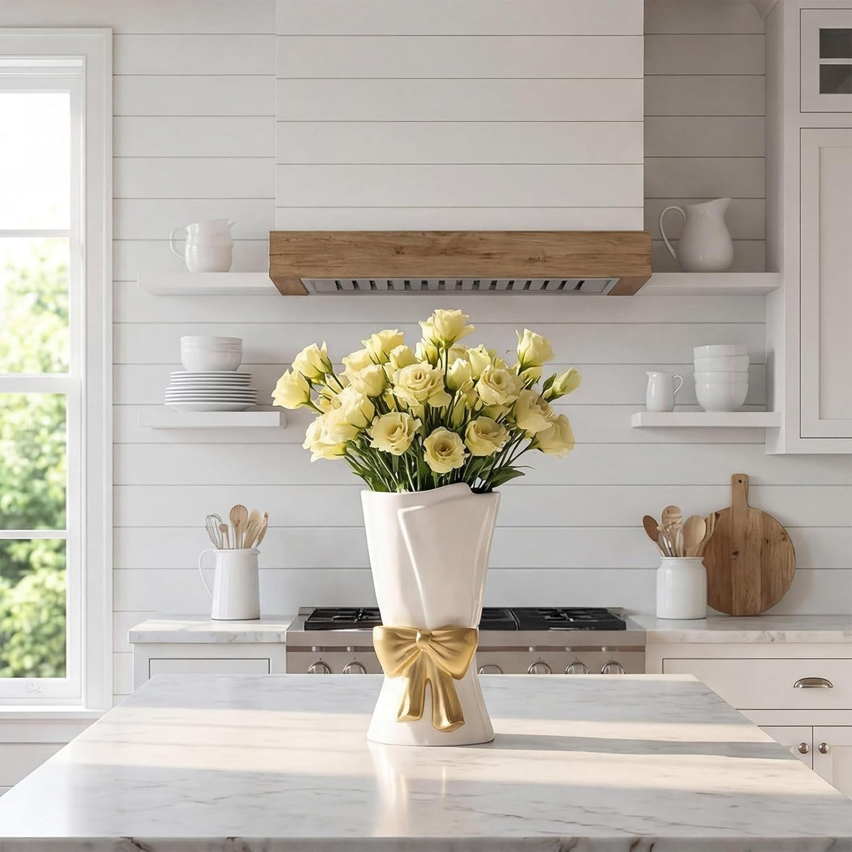 Relexome Fully Glazed White Ceramic Gold Bow Vase 9.64 in Unique Cute Modern Decorative Bouquet Flower Vases for Home Living Room Table Mother's Day Decor Women Gifts