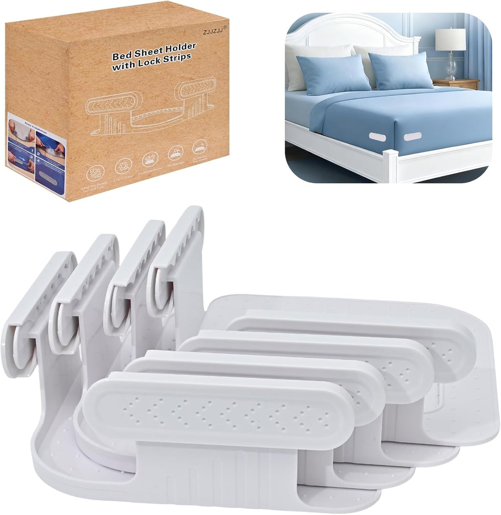 Upgrade Bed Sheet Holders for Corners, Lock Sheet Holders, Fasteners Sheet Keep Sheets Firm & Tight, Durable Heavy Duty Bed Fitted Sheet Clips, Sheet Locks, Fit All Mattress - 4Pcs White
