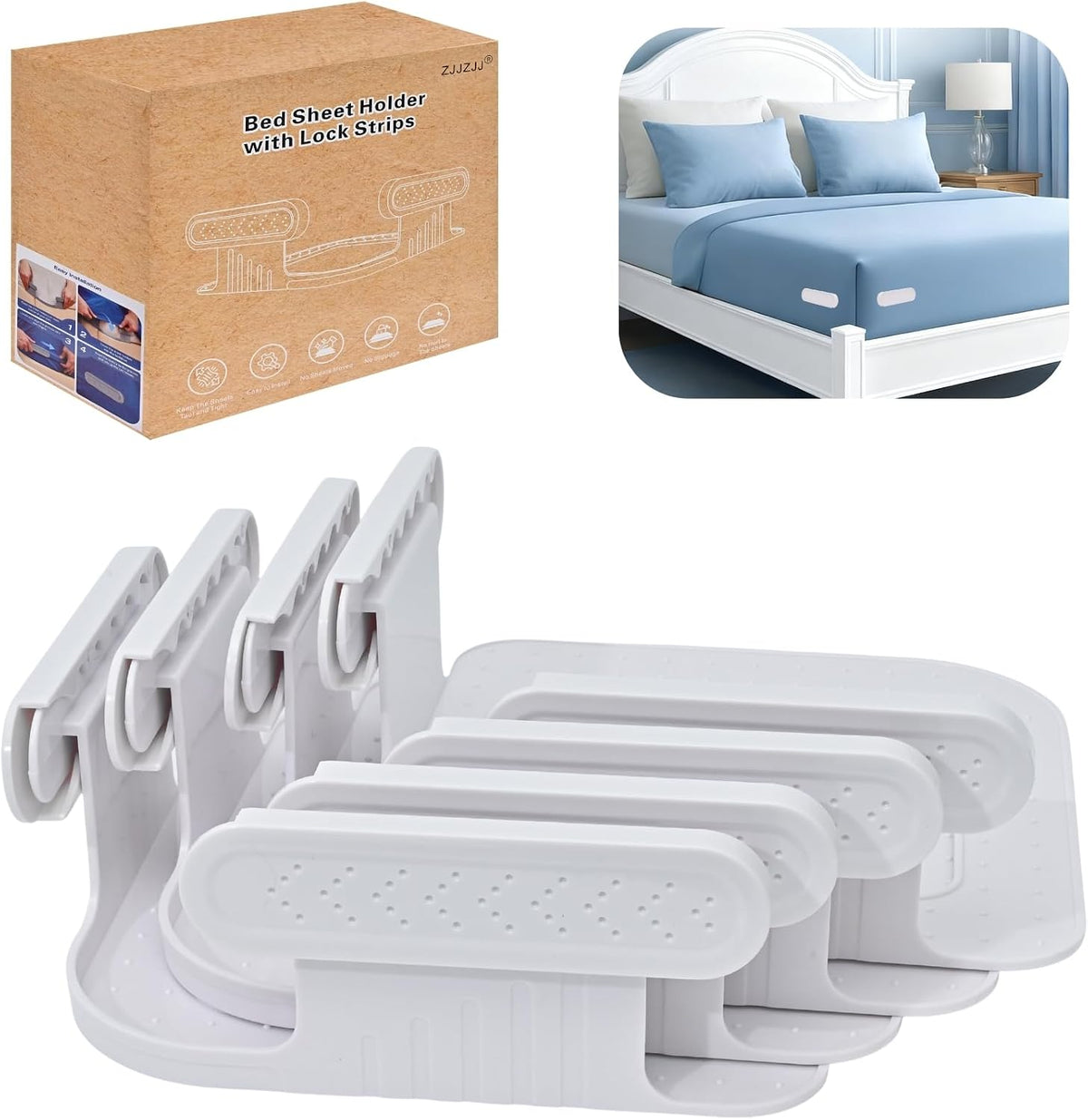 Upgrade Bed Sheet Holders for Corners, Lock Sheet Holders, Fasteners Sheet Keep Sheets Firm & Tight, Durable Heavy Duty Bed Fitted Sheet Clips, Sheet Locks, Fit All Mattress - 4Pcs White