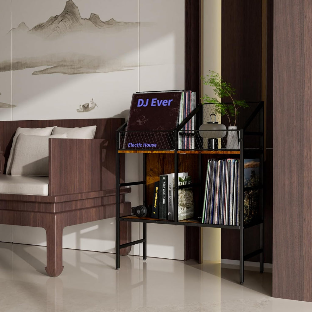 EYOCAL Vinyl Record Holder Storage Rack,200 LP Wooden Record Display Table for Albums Books Magazines Files for Living Room Bedroom