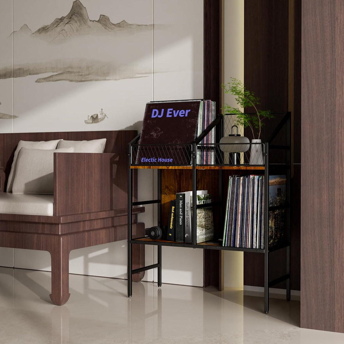 EYOCAL Vinyl Record Holder Storage Rack,200 LP Wooden Record Display Table for Albums Books Magazines Files for Living Room Bedroom
