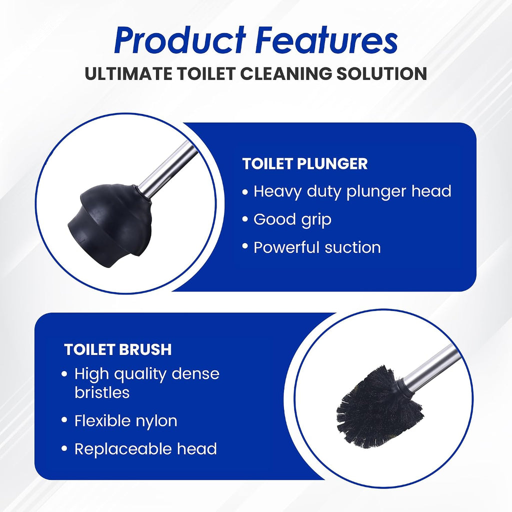 Stainless Steel Toilet Brush and Holder Set - Modern Toilet Brush and Plunger Set - Bathroom Essentials