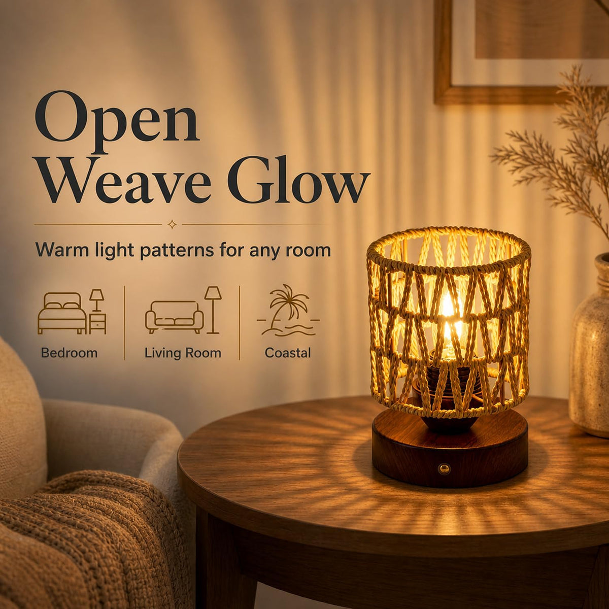 Cordless Operated Rattan Lamp, 5000mAh Rechargeable Dimmable Handwoven Open Weave Drum Table Lamp with Edison Bulb, Boho Nightstand Light for Bedroom Home Decor