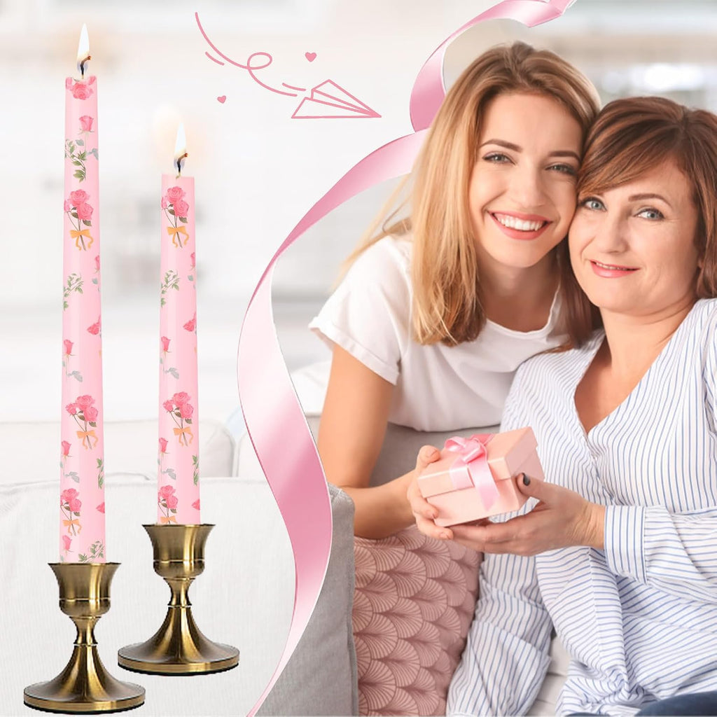 10 Inch Pink Printed Taper Candles for Mother's Day Unscented and Smokeless Tall Candlesticks, Long Burning, Ideal for Wedding Advent Parties