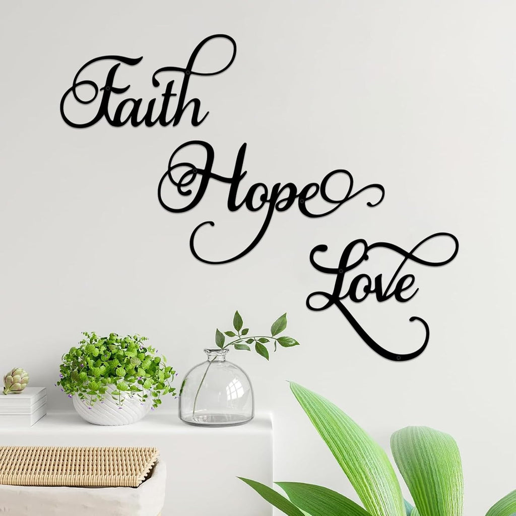 ESTART Faith Hope Love 3Pcs Black Metal Farmhouse Inspirational Wall Sign