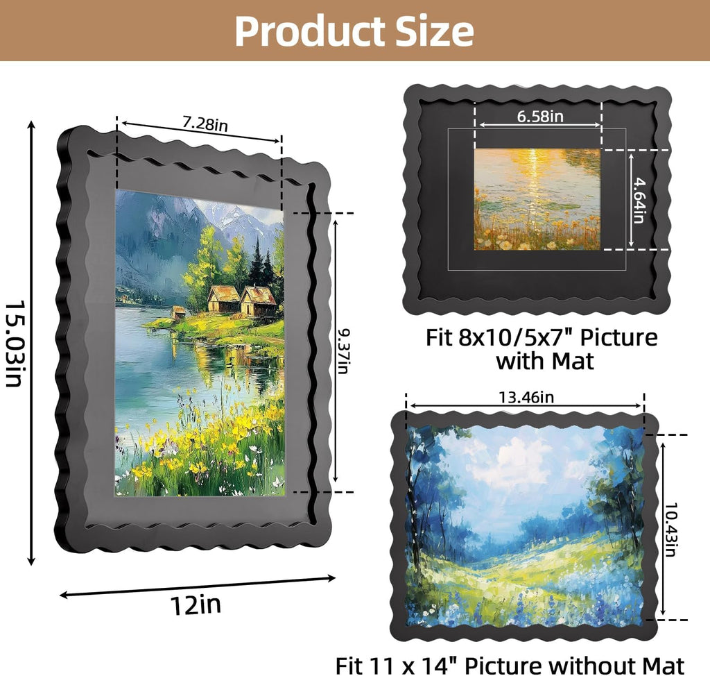 SNAPSHOT 11x14 Picture Frame with Mat for 5x7/8x10, Wooden Photo Frames with Real Glass for Wall Mount and Tabletop, Wavy Edge Black, 1 Pack