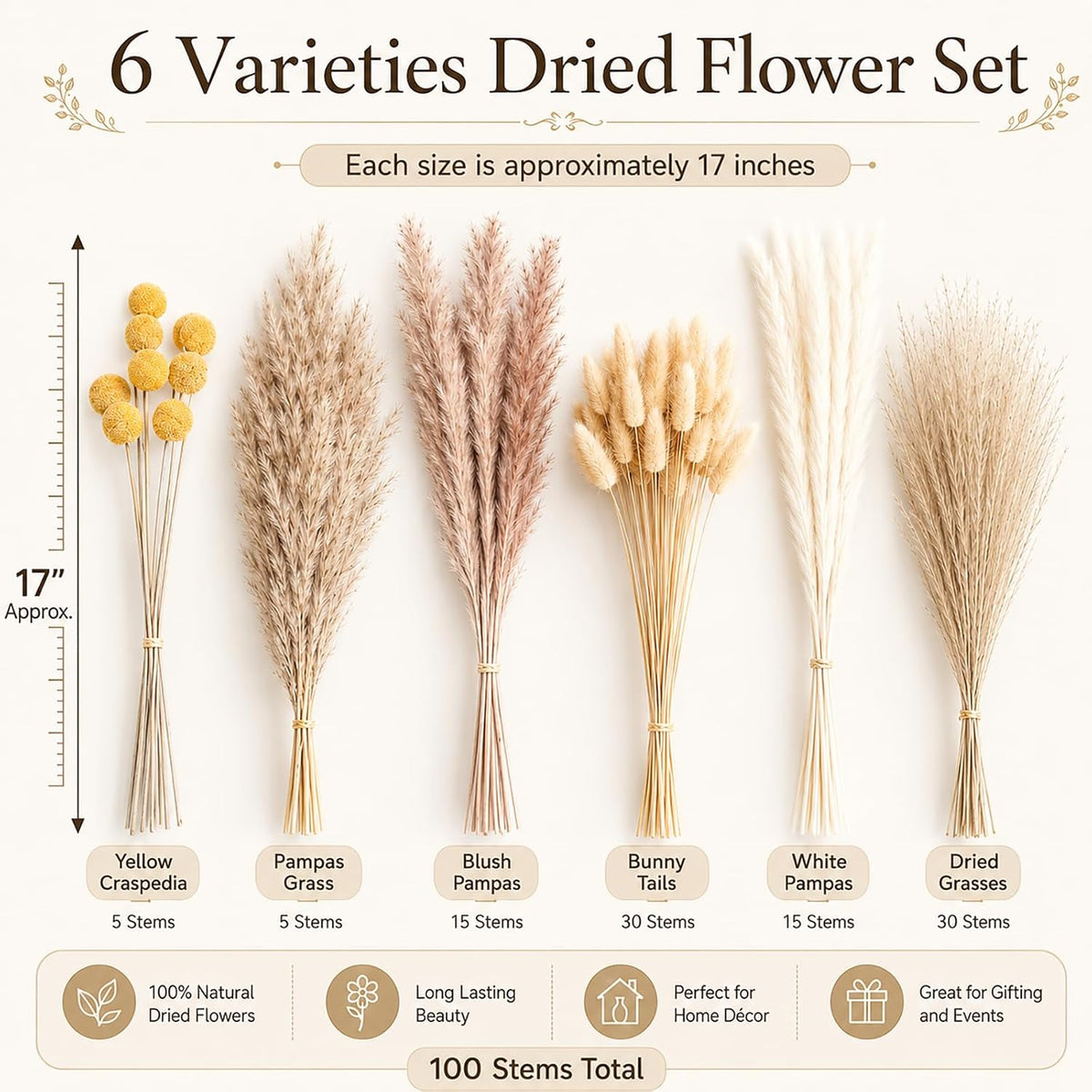 17 Inch Natural Dried Flower Boho Dried Pampas Grass for Home Decor Dried Flowers Bouquet for Farmhouse Table Centerpiece Wedding Party & Living Room Vase Filler Decor