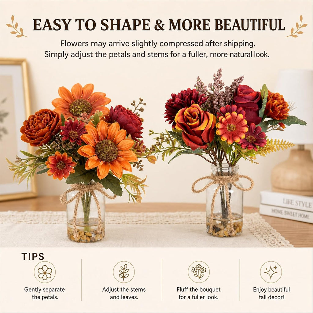 2 Packs Artificial Autumn Sunflower Rose in Glass Vase with Faux Water,Red