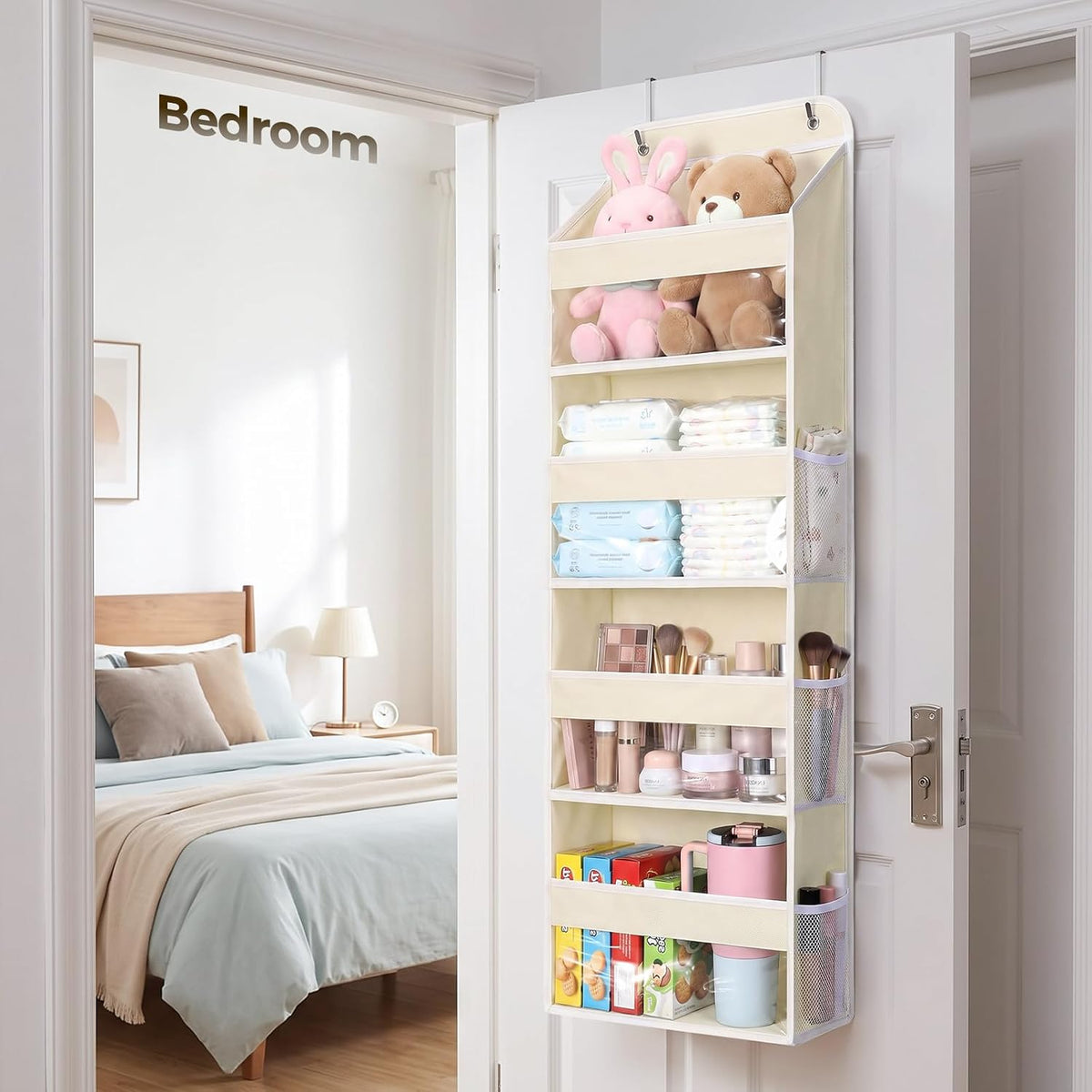 LAMU Over the Door Organizer, Large Capacity Behind the Door Storage with Clear PVC Windows, Back to School Supplies, Stuffed Animal Storage for Dorm Closet Nursery Bathroom Pantry, 4 Tier Cream White