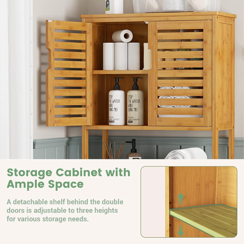 VIAGDO Over The Toilet Storage Cabinet, Tall Bathroom Cabinet Organizer with Cupboard and Adjustable Shelves, Freestanding Toilet Shelf Space Saver Rack Stand for Laundry Room, Balcony, Bamboo