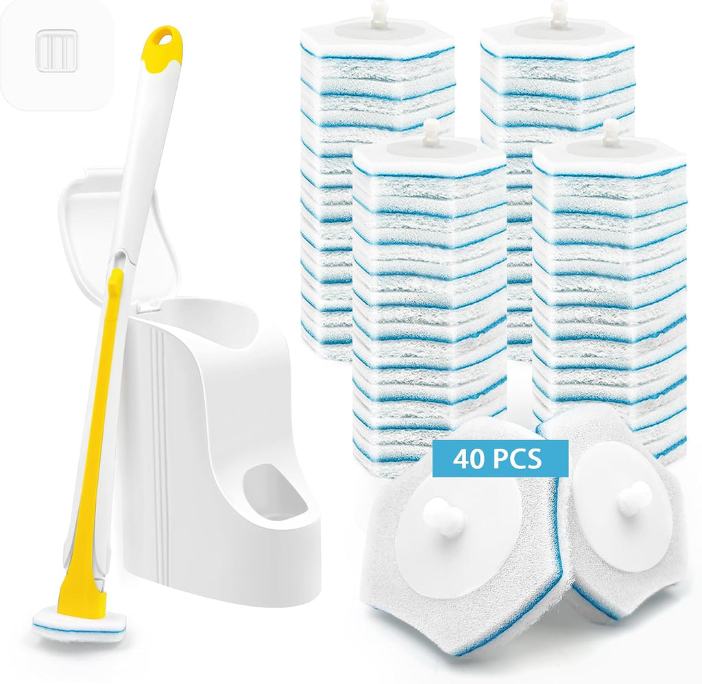 JEHONN Disposable Toilet Brush with 40PCS Wand Cleaner Refills, Wall Mounted Toilet Bowl Brush Holder Set, Bathroom Cleaning System for Sink Bathtub Wash Basin (Yellow)