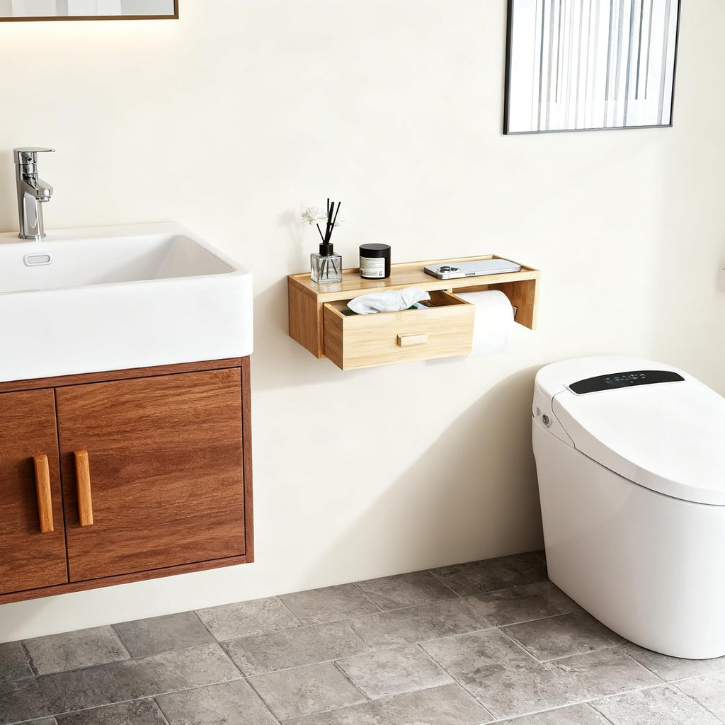 Large Bamboo Toilet Paper Holder with Shelf,Wall Mount Bathroom Holder with Wet Wipes Storage Drawer(Natural)