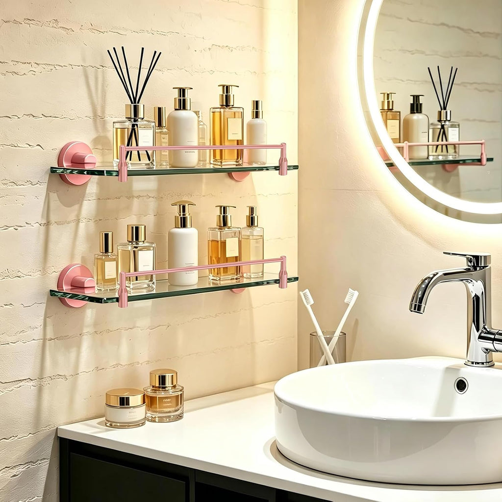 16-Inch Pink Glass Bathroom Shelf, Floating Shelf for Wall