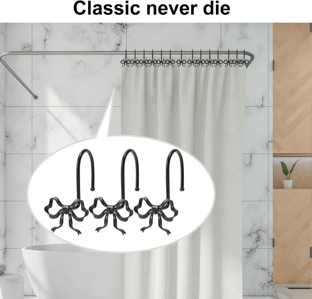 Bow Shower Curtain Hooks, 12-Pack Black Metal Decorative Bow Knot Rings