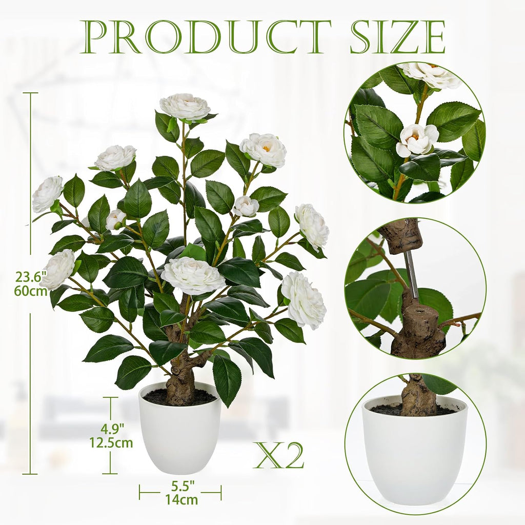 Hollyone White Artificial Camellia Tree 2Pcs Flower Plants Artificial Tree 23.6" Small Faux Camellia Plant in Pot Greenery Potted Plant for Indoor Outdoor Porch Front Door Office Home Decor