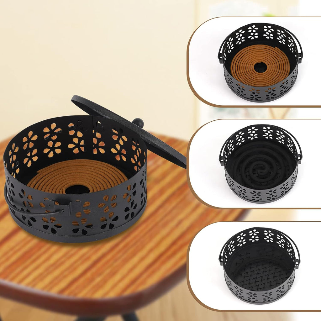 Portable Iron Mosquito Coil Holder with Handle for Outdoor, Black