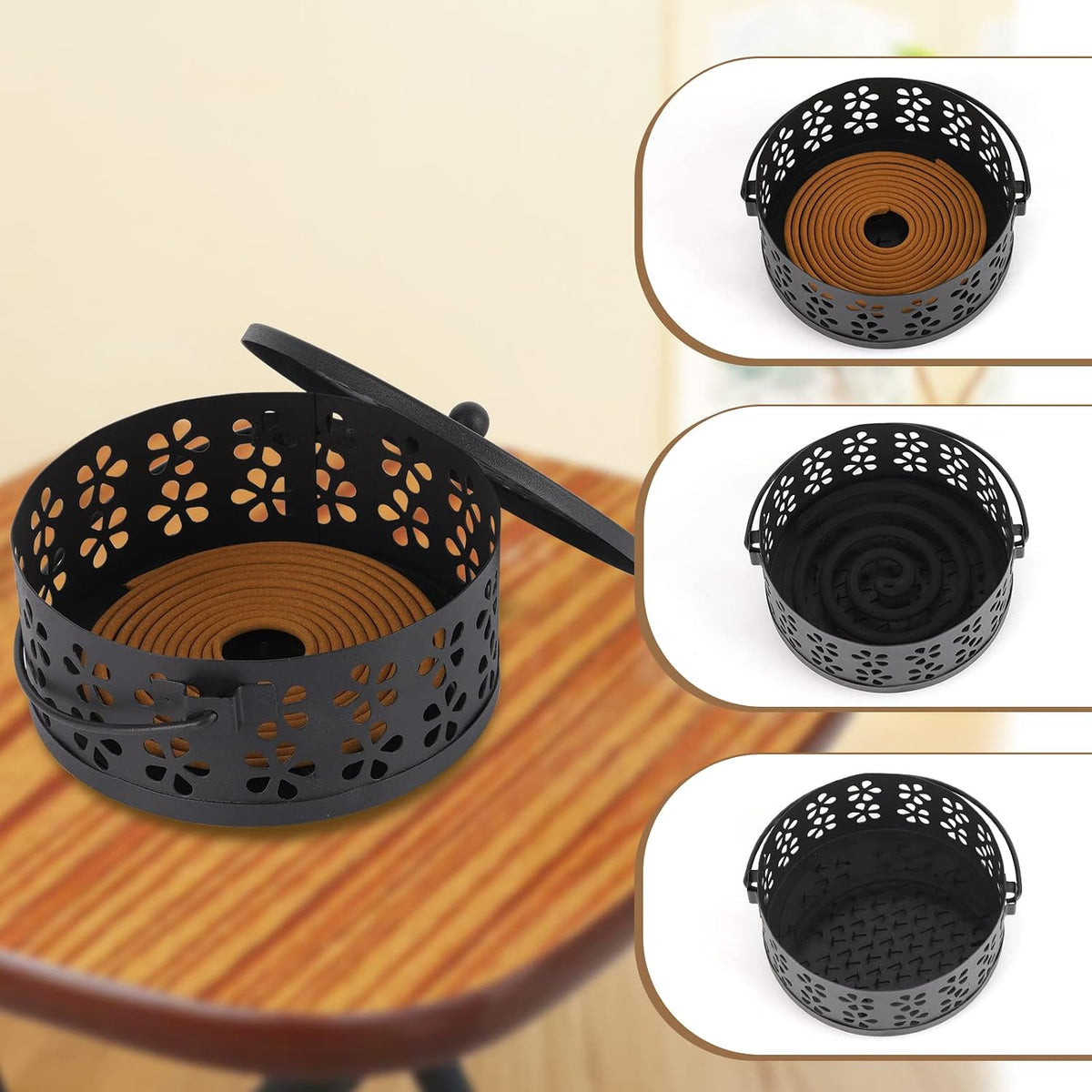 Portable Iron Mosquito Coil Holder with Handle Round, 2Pack Black