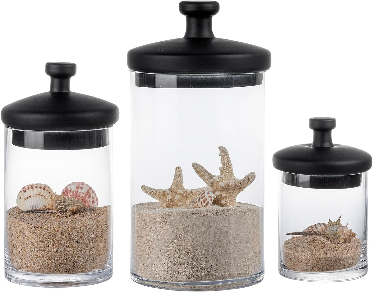 MyGift Glass Apothecary Jars with Black Lids, Set of 3 Storage Canisters
