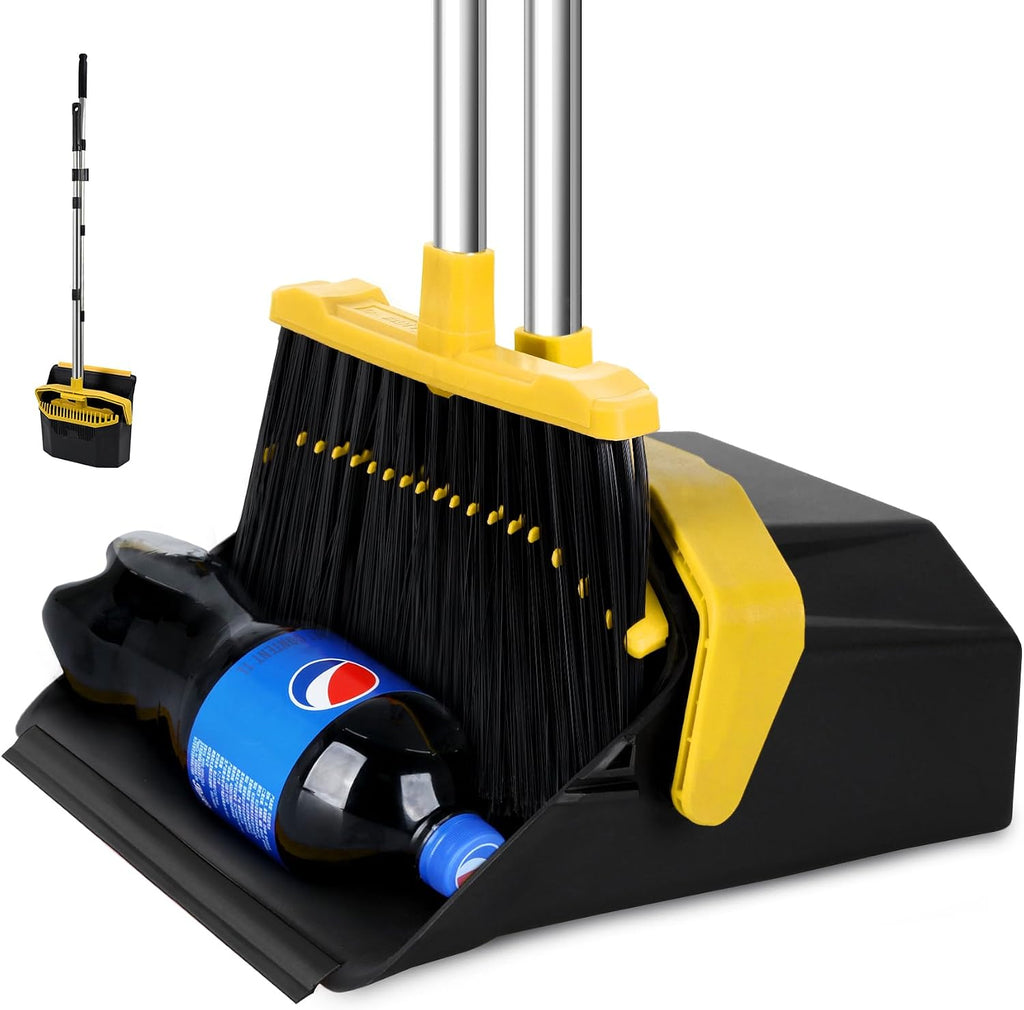 Broom and Dustpan Set for Home, 51" Long Handle Standing Pan Black Yellow