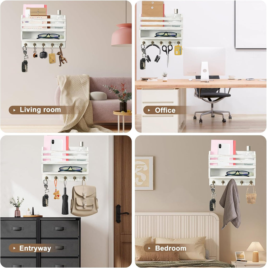 Key Holder Wall Mount with Mail Organizer, 5 Key Hooks, White