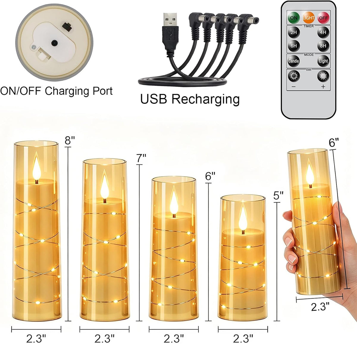 Rechargeable Flameless Candles String Lights Battery Operated 2 Remote Gold