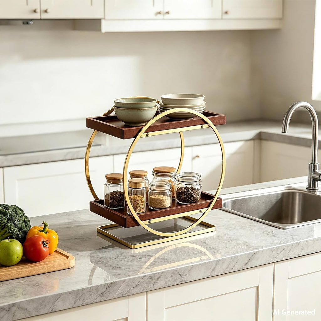 2-Tier Bathroom Organizer Countertop, Wooden Gold Perfume Organizer