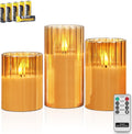 Rhytsing Gold Ribbed Glass Battery Operated LED Candles with Remote, Flameless Candle Gift Set with Timer, Warm White Light- Include 6 Batteries - Set of 3