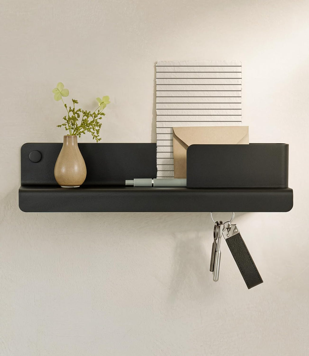 Kazai. Key Holder for Wall 'Holmsen' | Minimalist Key Hooks Design from Berlin | Modern Key Hanger with Metal Shelf | Key Hook Wall Mounted as Hallway Furniture | Black