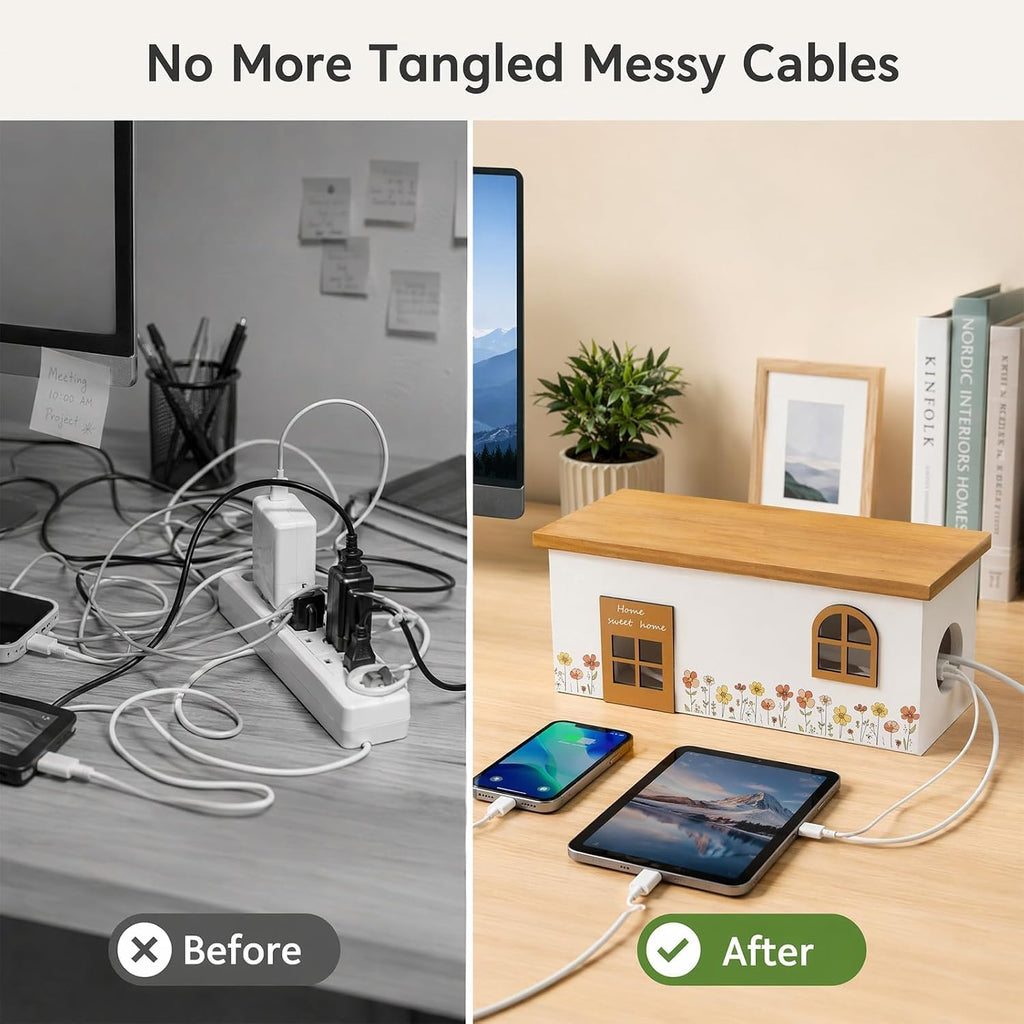 Wood Cable Management Box, Cord Hider & Organizer for Power Strip