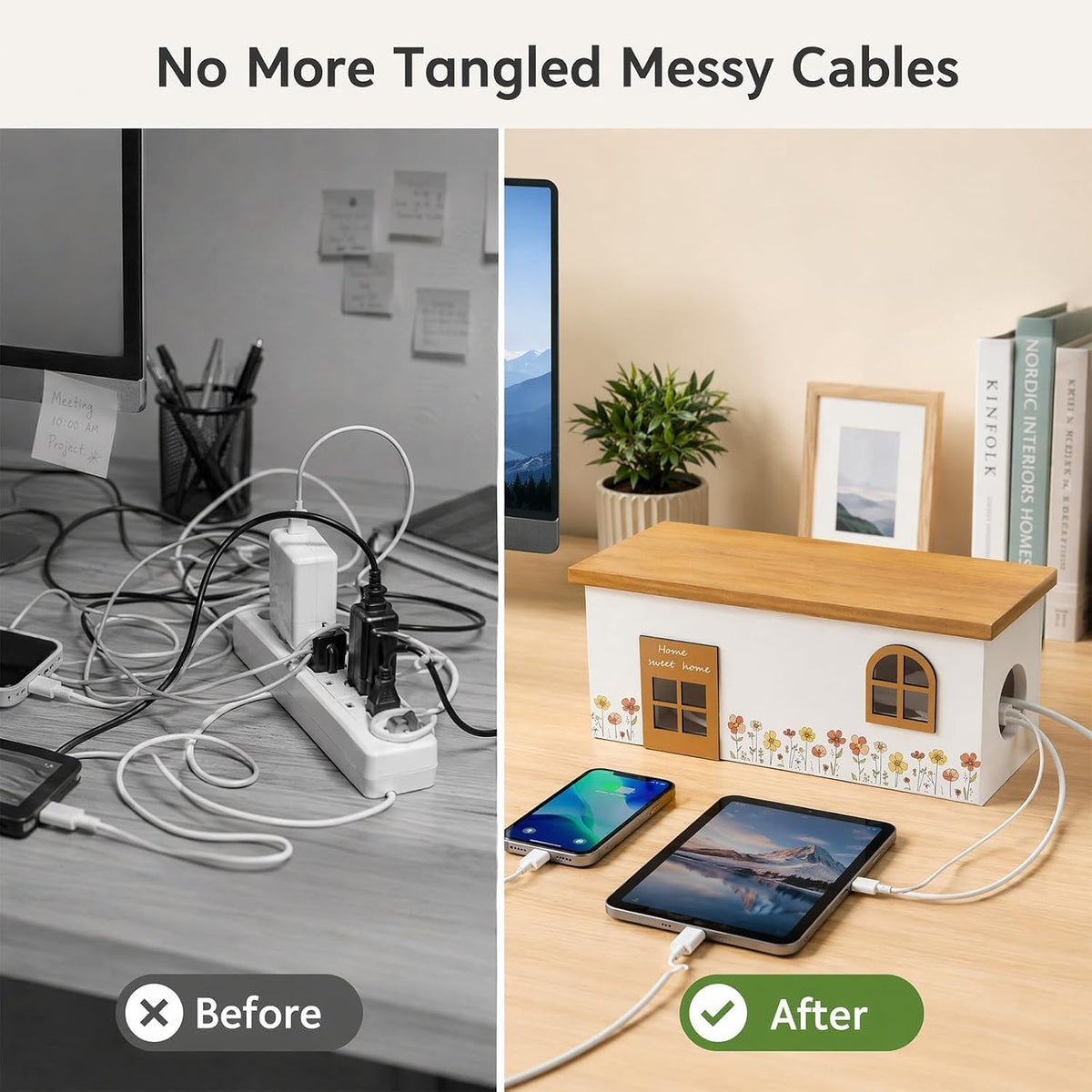 Wood Cable Management Box, Cord Hider & Organizer for Power Strip