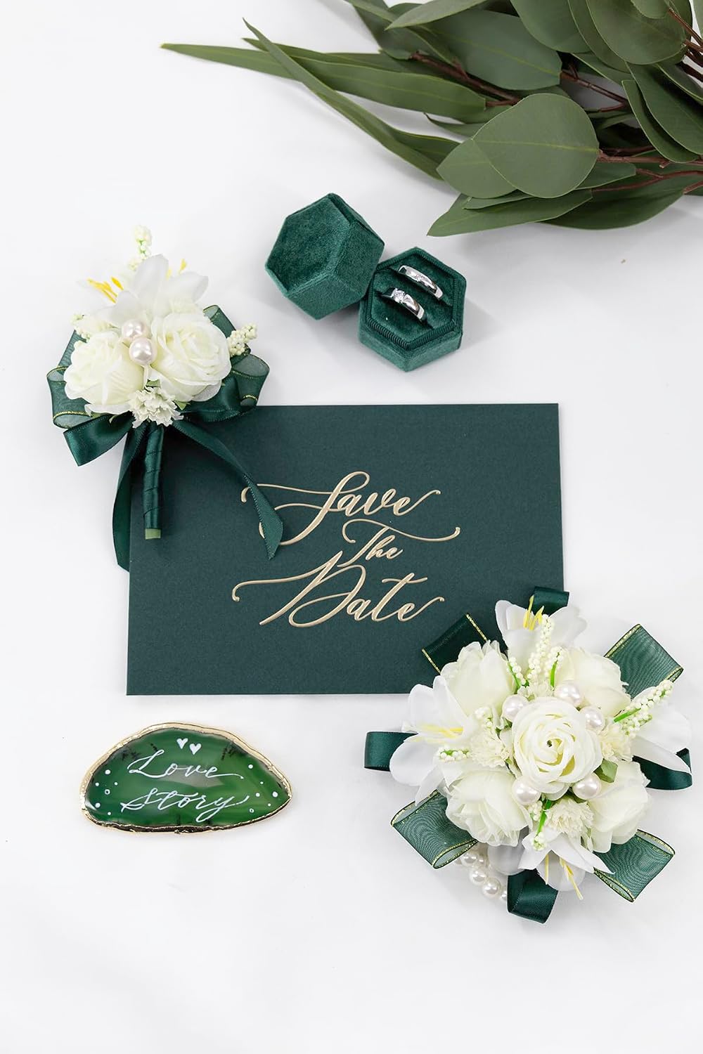 White Green Corsage and Boutonniere Set Prom Wrist Corsage Flower