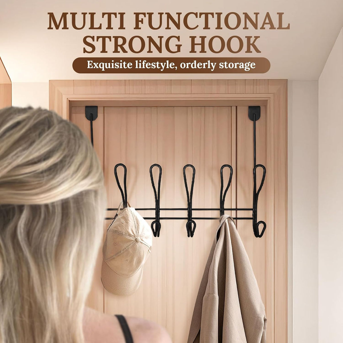 Twisted Design Over The Door Hook Rack With 12 Hooks - Towel, Coat Hanger for Bathroom, Bedroom or Laundry Room (Black)