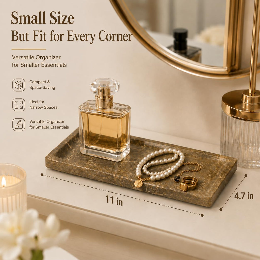 Brown Marble Vanity Tray, Small Genuine Stone Decorative Tray for Bathroom Counter, Perfume, Cologne, Jewelry, Candle, Coffee Table & Kitchen Counter Organizer, 11 x 4.7 Inch