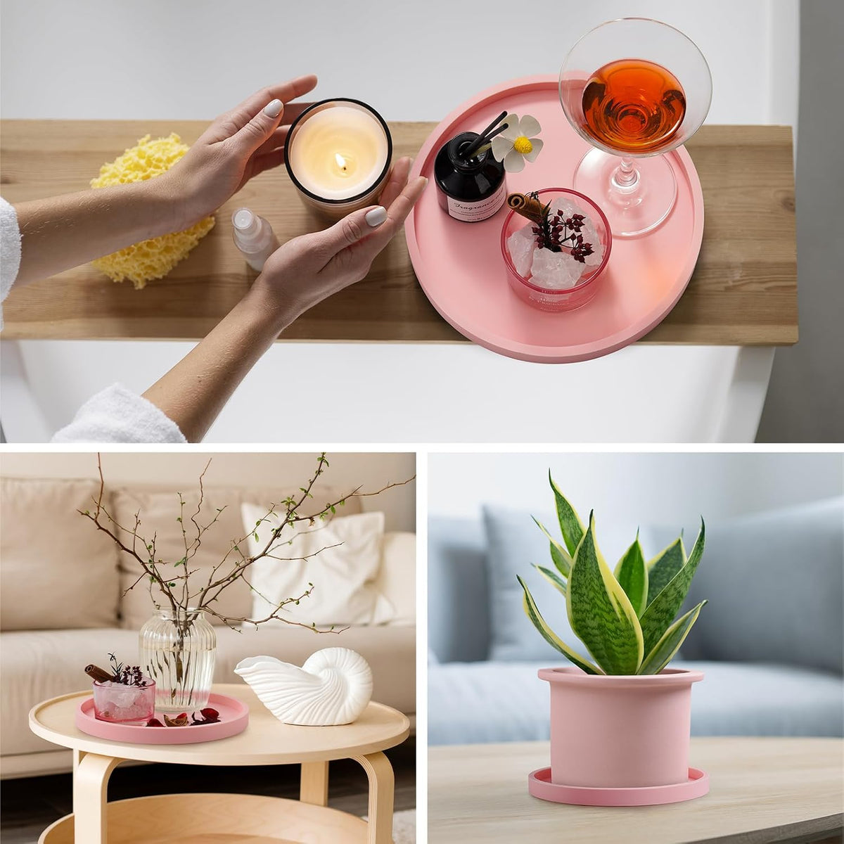 NiHome Silicone Bathroom Vanity Tray Round Perfume Organizer 8.35in Pink