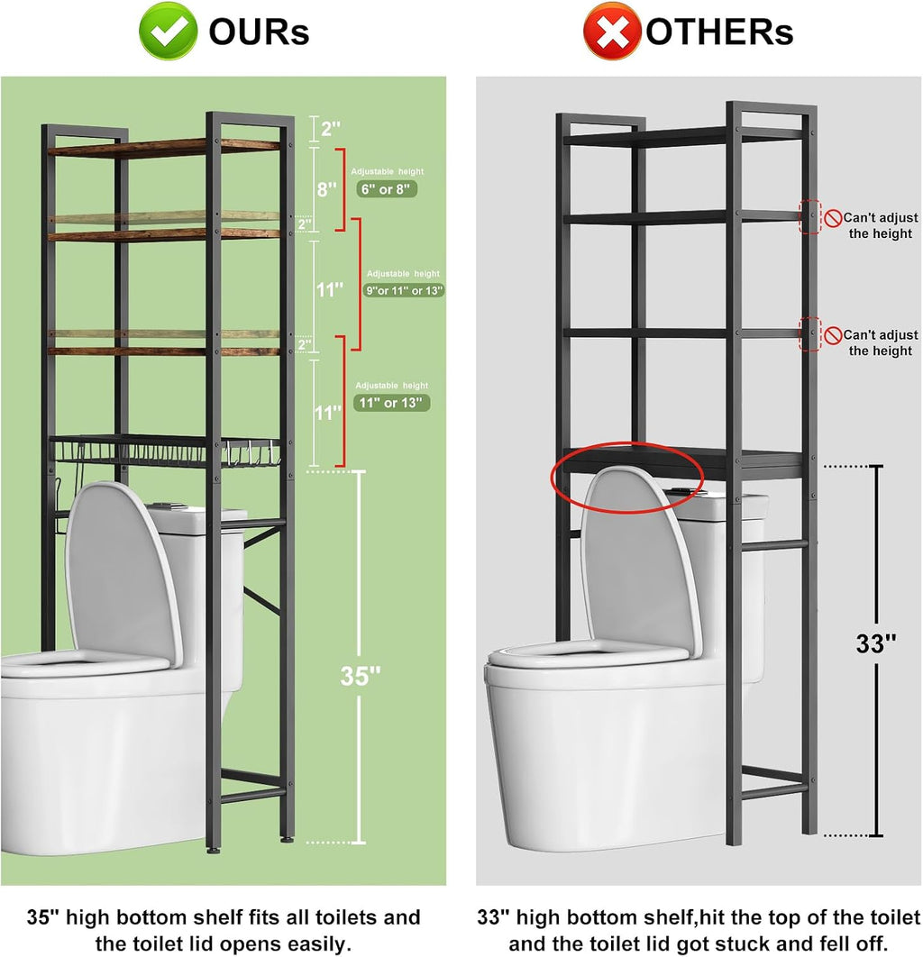 Kalrin Over-The-Toilet Storage Rack, 4-Tier Bathroom Organizer Shelf Over Toilet with Adjustable Shelf and Basket, Freestanding Space Saver Bathroom Shelves Above Toilet for Room (Vintage Brown)