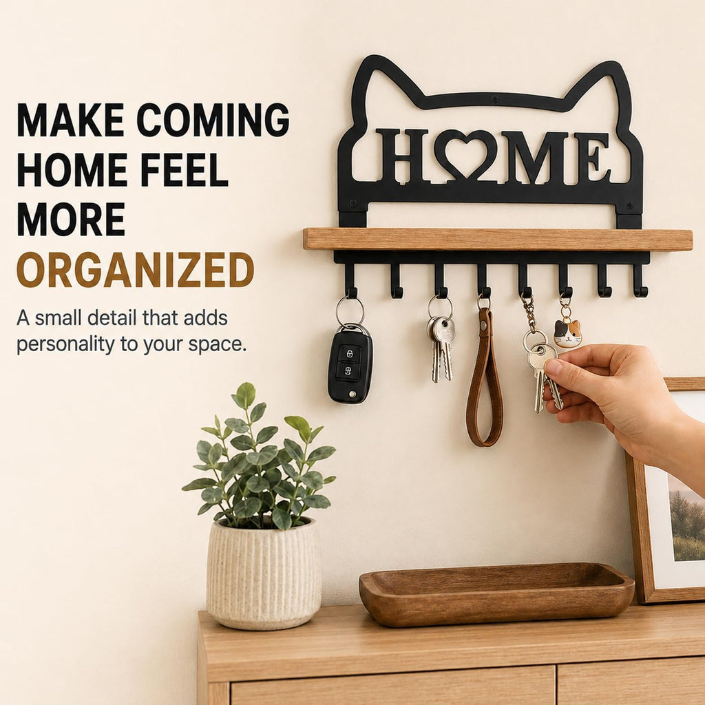 Cat Key Holder for Wall. Decorative Floating Wooden Shelf with 8 Metal Hooks, Wall Storage Rack for Entryway Hallway, Gift for Cat Lovers