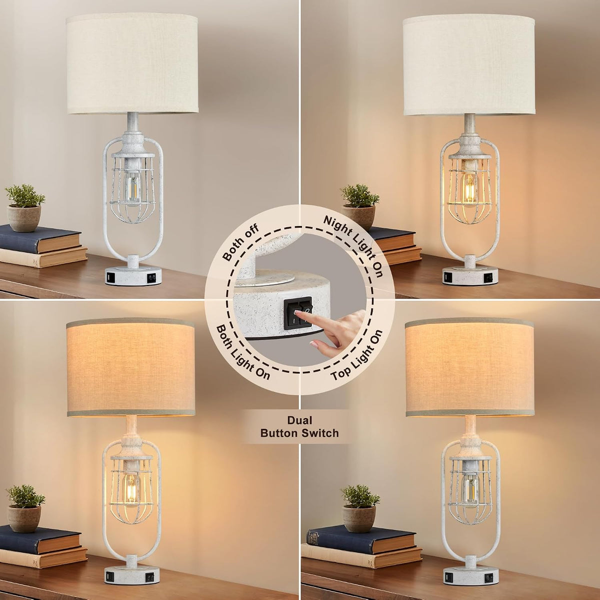 24" Antique Farmhouse Table Lamps Set of 2 for Living Room, USB A+C