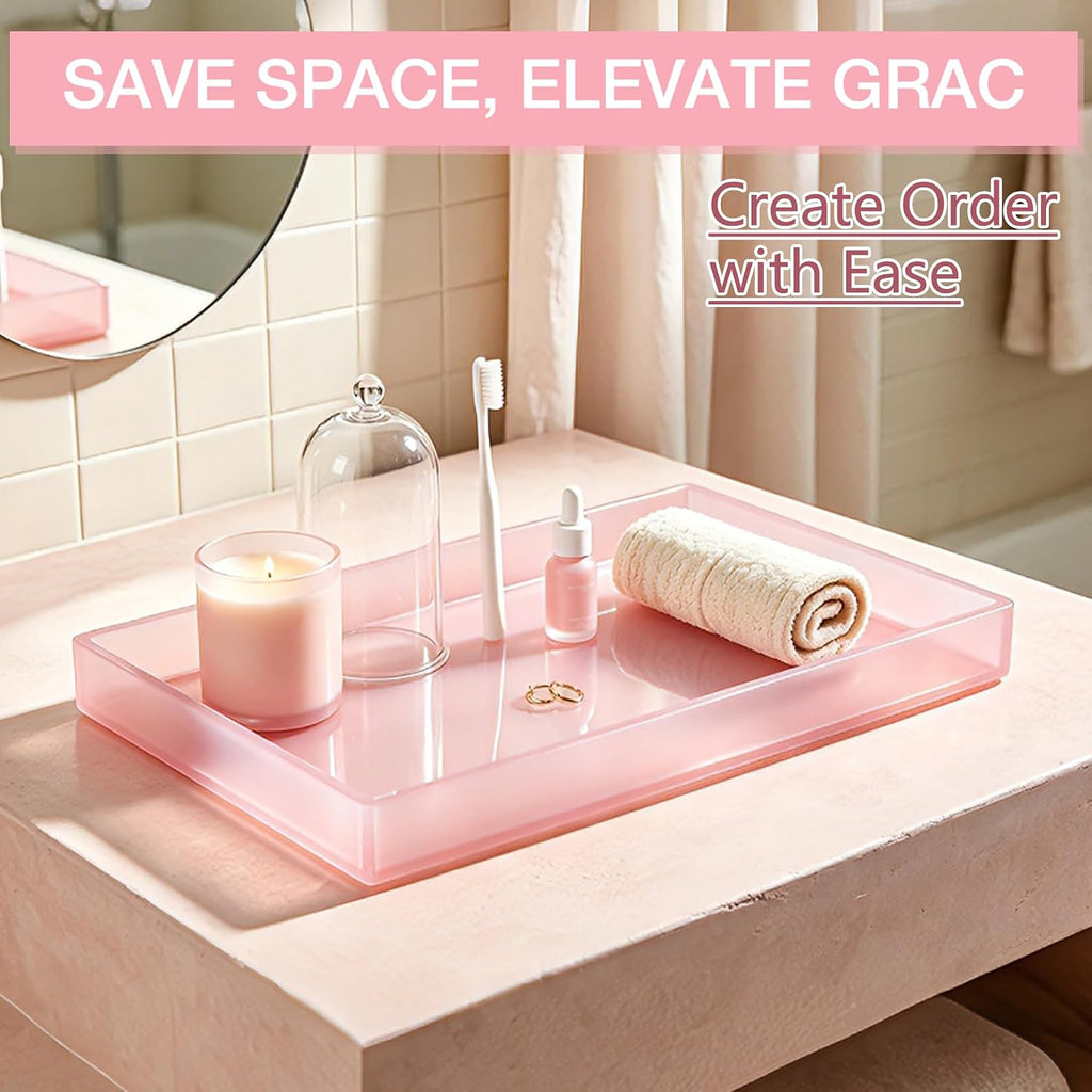 Pink Acrylic Tray 5mm Thicken for Vanity Makeup, Perfume, Jewelry Holder, Napkin, 12''x6'' Decorative Serving Tray for Bathroom, Toilet Tank, Sink Countertop, Dresser, Coffee Table