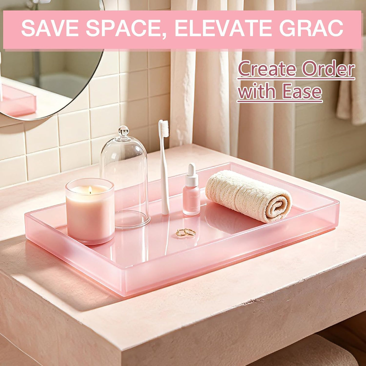 Pink Acrylic Tray 5mm Thicken for Vanity Makeup, Perfume, Jewelry Holder, Napkin, 12''x6'' Decorative Serving Tray for Bathroom, Toilet Tank, Sink Countertop, Dresser, Coffee Table