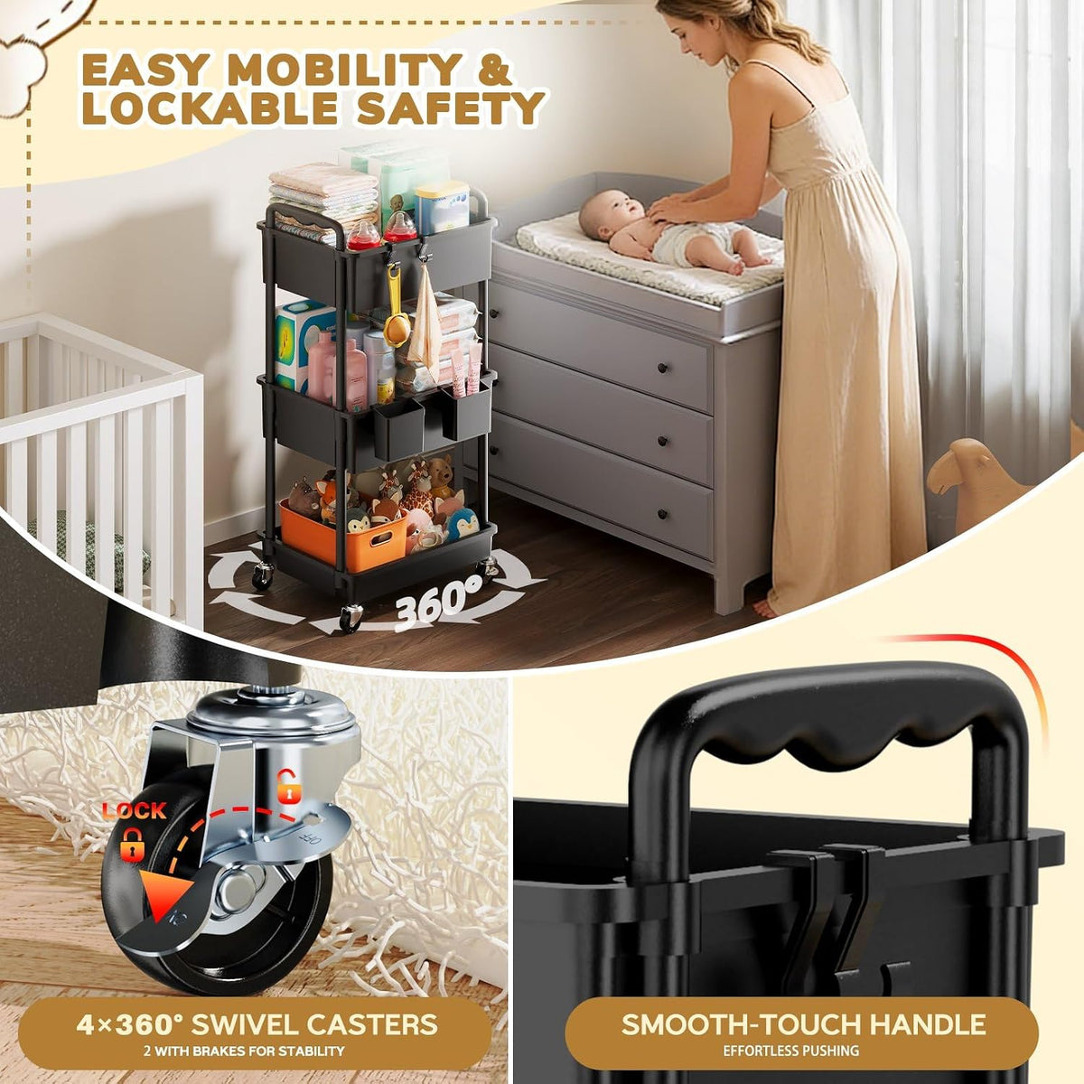 Goovilla Diaper Cart with Lockable Wheels and Easy Assembly, 3 Tier Black