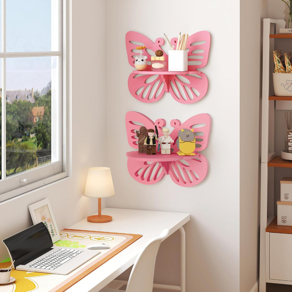 2-Tier Butterfly Wall Shelf - Nursery Decor Pink Floating Corner Shelves, Cute Wall Display Rack Bookshelf for Kid’s Room, Solid Wood Hanging Hollow Out Shelf for Toys, Plants and Decorations Storage